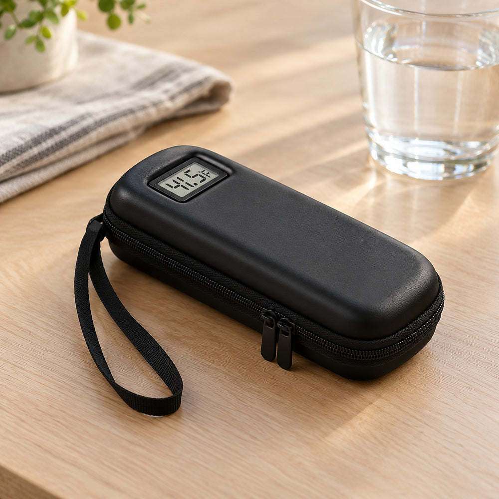 Black insulin travel case with a digital temperature display, on a kitchen table