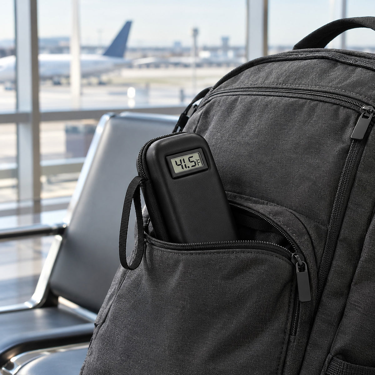 Insulin travel case with a backpack at the airport
