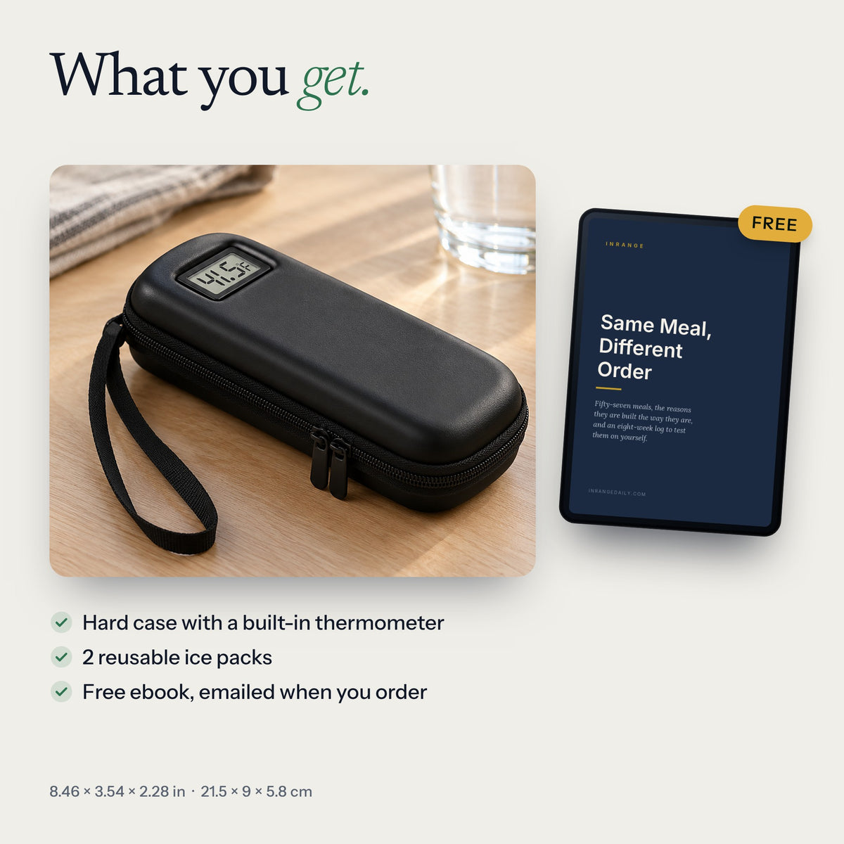What you get: the hard case with a built-in thermometer, two reusable ice packs and the free ebook
